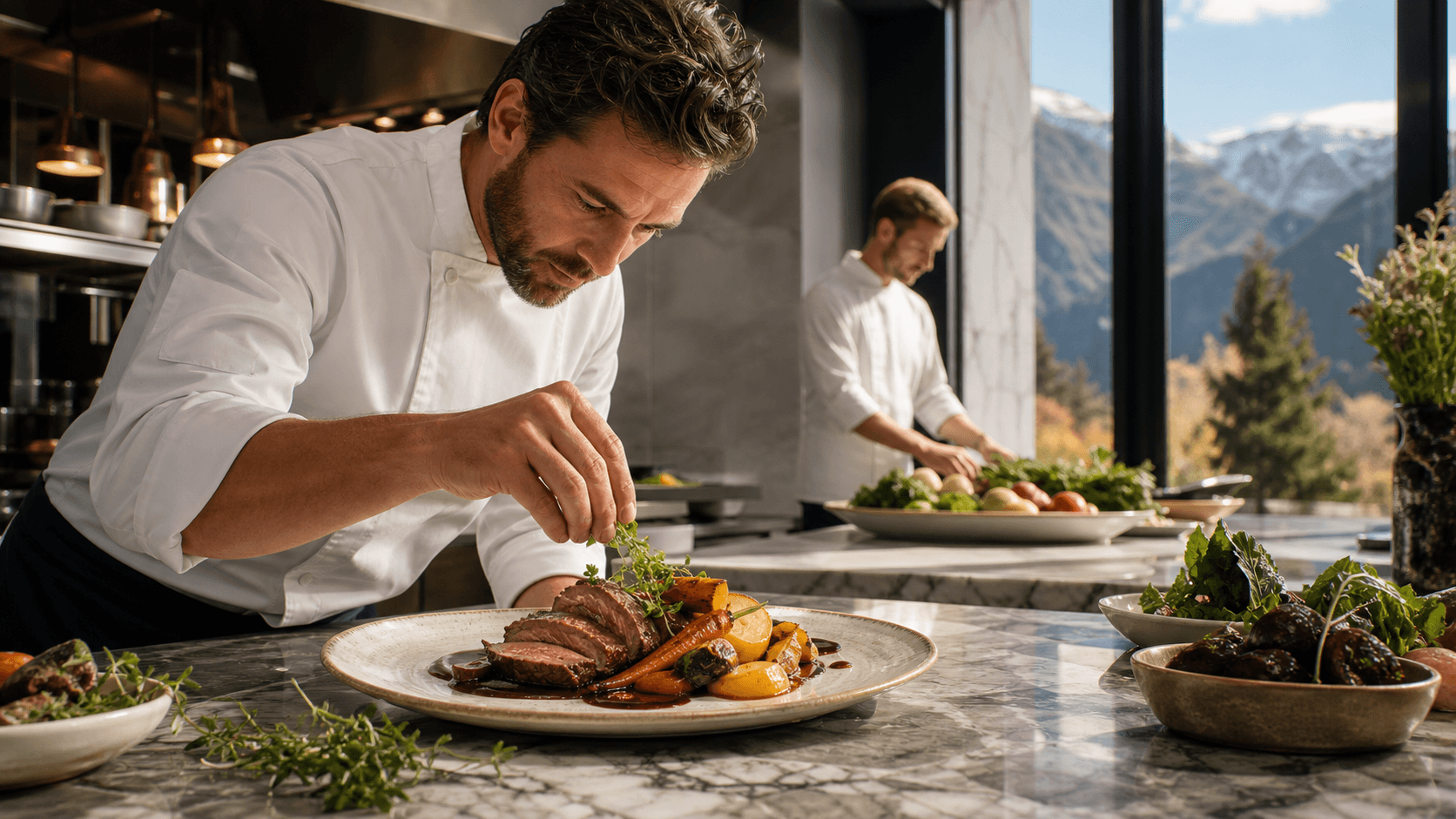 Artfully plated venison with Canterbury vegetables on a rustic table in warm natural light.
