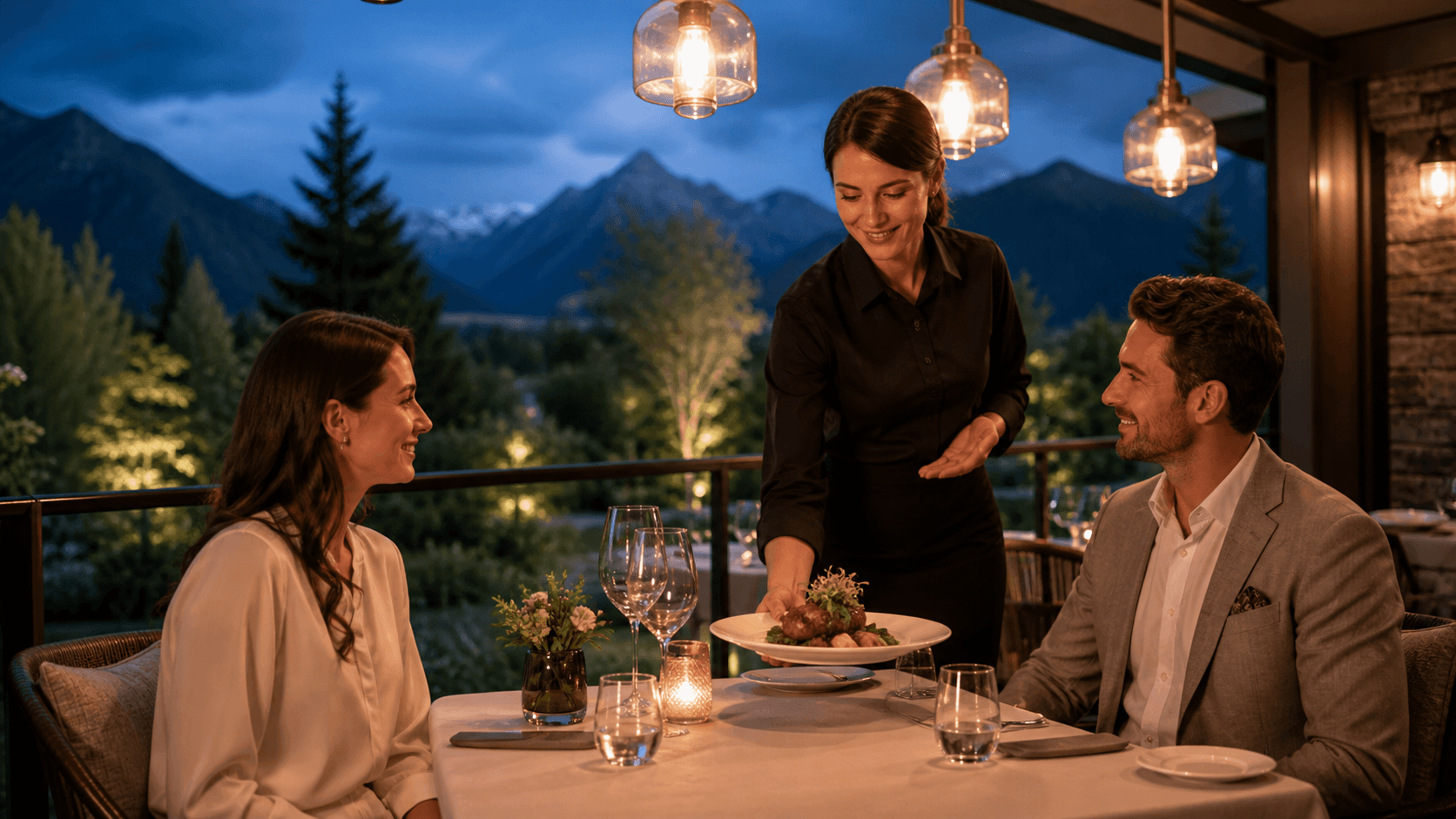 Warmly lit outdoor restaurant table with plates of food, wine glasses, and glowing string lights at night